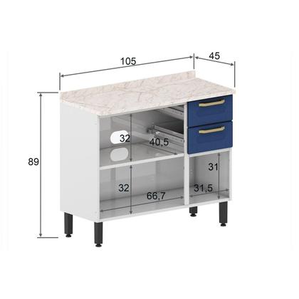 Imagem de Módulo Cozinha Bertolini Colors Balcão 6114 3 Portas e 2 Gavetas c/Tampo Branco/Blue Navy