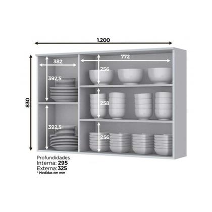 Imagem de Módulo Cozinha Henn Americana Armário c/ 3 Portas (2 c/ Vidro) 120cm Cinza