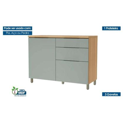 Imagem de Módulo Cozinha Nesher Marquesa Balcão p/Pia 1 Porta e 3 Gaveta c/ Tampo 120cm Branca/Nature - Nesher