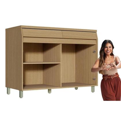 Imagem de Módulo Cozinha Nesher Simone Mendes Balcão Simone Mendes p/ Pia s/ Tampo c/ 2 Portas e 2 Gavetas 120cm Carvalho/Cinza-Nesher