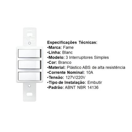 Imagem de Modulo De 3 Interruptores Simples Fame Blanc