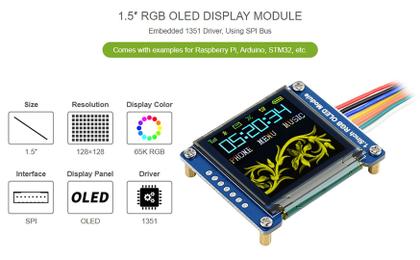 Imagem de Módulo de exibição OLED RGB waveshare de 1,5 polegadas 128x128 pixels