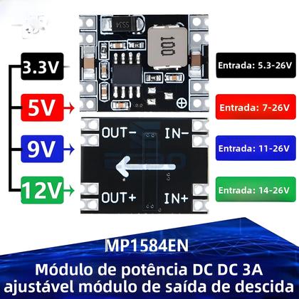 Imagem de Módulo De Potência DC-DC Ajustável MP1584EN LM2596 3.3V 5V 9V 12V 3A Saída Redutora Circuito