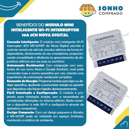 Modulo mini inteligente Wi-Fi interruptor 10A 3CH MS-107WF nova digital Imagem de Modulo mini inteligente Wi-Fi interruptor 10A 3CH MS-107WF nova digital