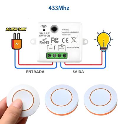 Imagem de Módulo Receptor Mini Sem Fio De Botão Redondo 433MHz Interruptor De Segurança RF 2200W Para Lâmpada