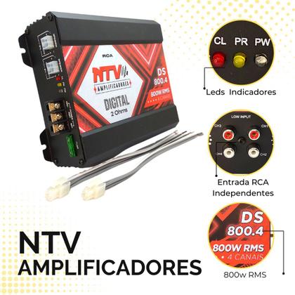 Imagem de MÓDULO SOM NTV DS800.4 DIGITAL 800W RMS 4 CANAIS 2 OHMS amplificador de potencia com entrada RCA para som automotivo