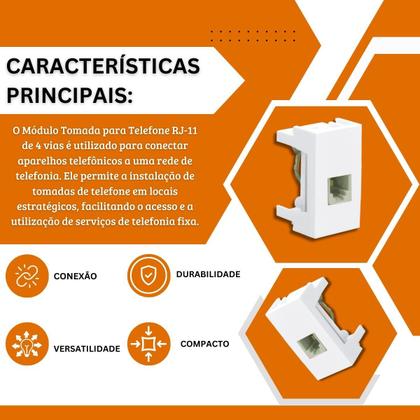 Imagem de Módulo Tomada Rj11 4 Vias Branca - Blanc Mais/Evidence/Modulare - Fame