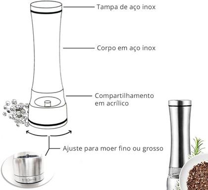 Imagem de Moedor de Pimentas Sal Temperos Manual em Aço Inox Triturador Ajuste de Moagem Prático e Rápido