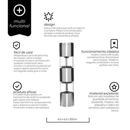 Imagem de Moedor De Temperos Sal E Pimenta Manual Duplo Aço Inox mimo