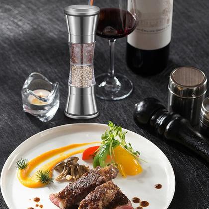 Imagem de Moedor duplo de pimenta e sal grosso manual aço inox e acrílico ajustável