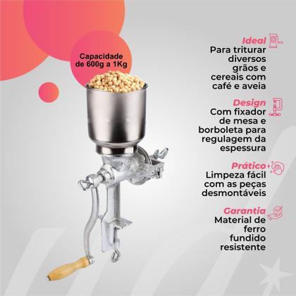 Imagem de Moedor Manual Grãos Milho Café Aveia Em Ferro Fundido Com Manivela e Fixador de Mesa