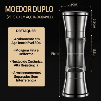 Imagem de Moedor Sal Pimenta Profissional Aço Inox Duplo Mós Cerâmica Ajustável Gastronômico Gourmet Premium