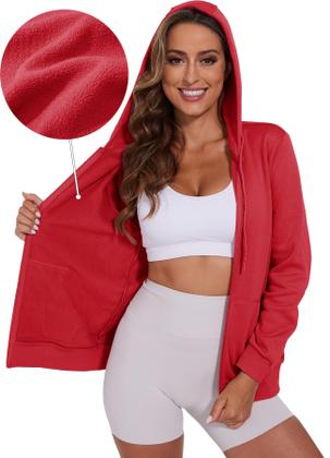Imagem de Moletom de inverno feminino vermelho com capuz SMENG com zíper 2GG