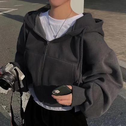 Imagem de Moletom Feminino Azul Marinho Com Capuz E Zíper, Forrado Com Insfleece, Ajuste Slim, Cropped, Quente