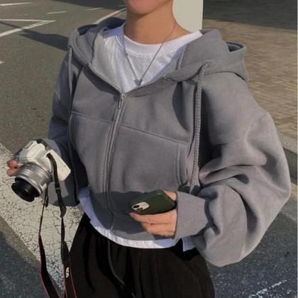 Imagem de Moletom Feminino Azul Marinho Com Capuz E Zíper, Forrado Com Insfleece, Ajuste Slim, Cropped, Quente