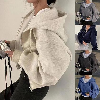 Imagem de Moletom Feminino Azul Marinho Com Capuz E Zíper, Forrado Com Insfleece, Ajuste Slim, Cropped, Quente