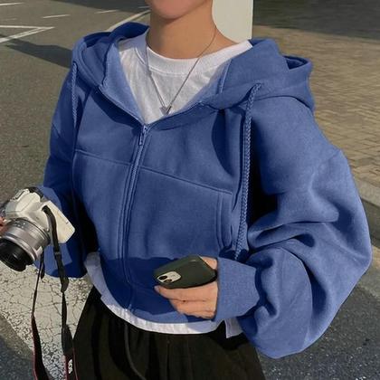 Imagem de Moletom Feminino Azul Marinho Com Capuz E Zíper, Forrado Com Insfleece, Ajuste Slim, Cropped, Quente