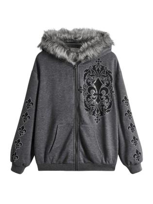 Imagem de Moletom feminino SOLY HUX com zíper Y2K e gola de pele sintética cinza