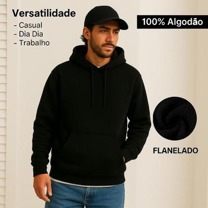 Imagem de Moletom Liso Preto Básico Blusa de Frio Com Bolso e Capuz Grossa Algodão