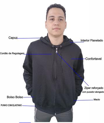 Imagem de Moletom Masculino com Ziper Blusa De Frio Casaco Com Capuz Bolso Agasalho  Algodão  Preto