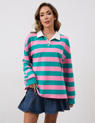 Imagem de Moletom Meladyan feminino de grandes dimensões listrado com decote em V