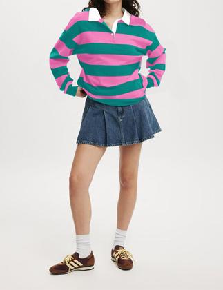 Imagem de Moletom Meladyan feminino de grandes dimensões listrado com decote em V