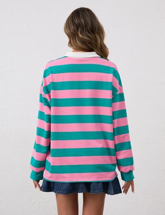 Imagem de Moletom Meladyan feminino de grandes dimensões listrado com decote em V