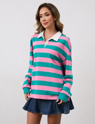 Imagem de Moletom Meladyan feminino de grandes dimensões listrado com decote em V