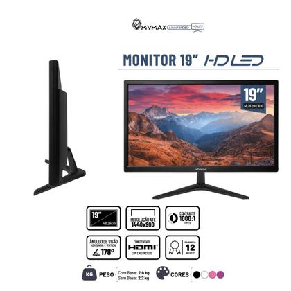 Imagem de Monitor 19' Polegadas Hd Led 60hz Hdmi Vga 3.6ms Preto Mymax 110v/220v