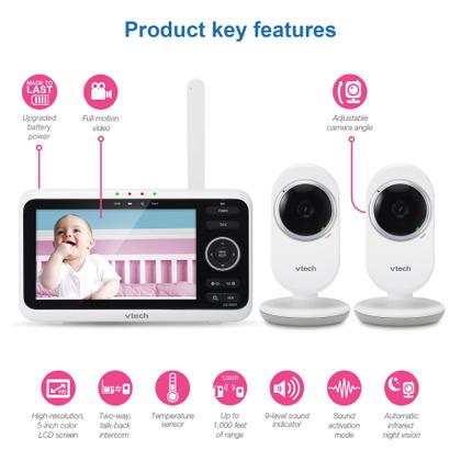 Imagem de Monitor de bebê VTech VM350-2 com tela de 5 polegadas atualizada e 2 câmeras