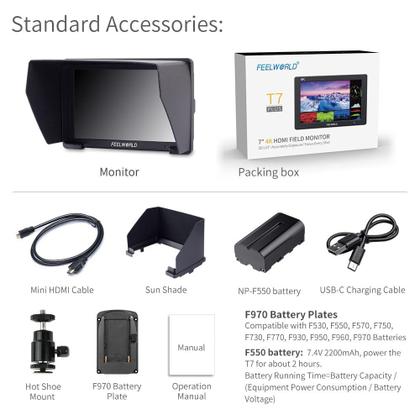 Imagem de Monitor de campo da câmera FEELWORLD T7 Full HD de 7 polegadas com bateria