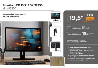 Imagem de Monitor fox 19,5 polegadas led ajuste altura tela gira 90 vertical inclinaçâo hd 75hz