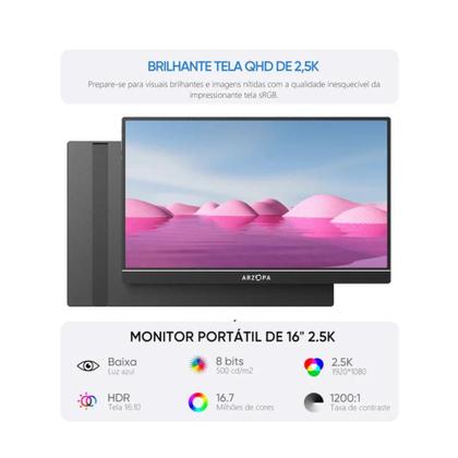 Imagem de Monitor Portátil Arzopa Z1rc 16 2.5k Qhd Ips 60hz Usbc Hdmi