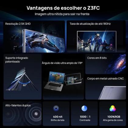 Imagem de Monitor Portátil Gamer Arzopa Z3FC 16.1" 180hz 2K QHD LCD HDR USB-C Mini HDMI - Z3FC