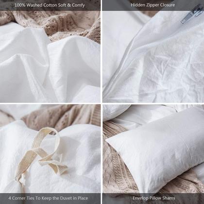 Imagem de MooMee Bedding Duvet Cover Set 100% Washed Cotton Linen Like Textured Breathable Durable Soft Comfy (Off White, Queen)