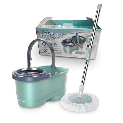 Imagem de Mop Balde Cesto Giratório Inox Esfregão c/ Refil Dispenser Rodinhas Alça Casa Apartamento Limpeza Faxina Piso Frio Sintético Madeira Escritório Loja