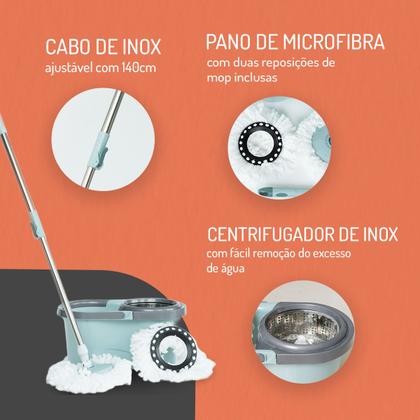 Imagem de Mop Balde Cesto Giratório Inox Esfregão c/ Refil Dispenser Rodinhas Alça Casa Apartamento Limpeza Faxina Piso Frio Sintético Madeira Escritório Loja