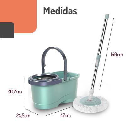 Imagem de Mop Balde Cesto Giratório Inox Esfregão c/ Refil Dispenser Rodinhas Alça Casa Apartamento Limpeza Faxina Piso Frio Sintético Madeira Escritório Loja