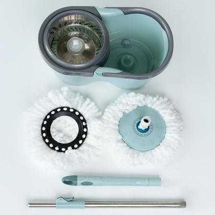 Imagem de Mop Balde Cesto Giratório Inox Esfregão c/ Refil Dispenser Rodinhas Alça Casa Apartamento Limpeza Faxina Piso Frio Sintético Madeira Escritório Loja
