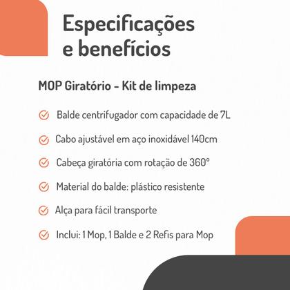 Imagem de Mop Balde Cesto Giratório Inox Esfregão c/ Refil Dispenser Rodinhas Alça Casa Apartamento Limpeza Faxina Piso Frio Sintético Madeira Escritório Loja