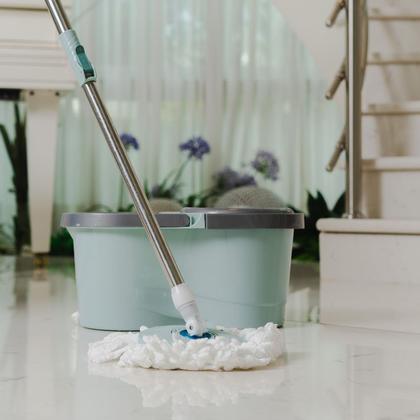 Imagem de Mop Balde Cesto Giratório Inox Esfregão c/ Refil Dispenser Rodinhas Alça Casa Apartamento Limpeza Faxina Piso Frio Sintético Madeira Escritório Loja