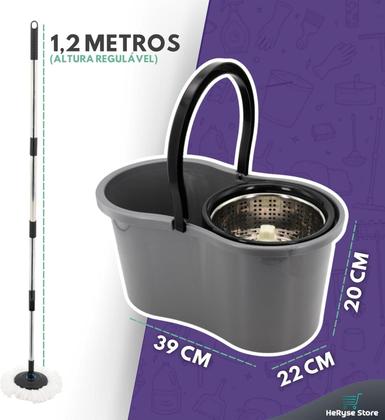 Imagem de Mop com Balde Giratório Cesto em Inox, 9 Litros, Esfregão para Limpeza Lava e Seca com 2 Refis de Microfibra