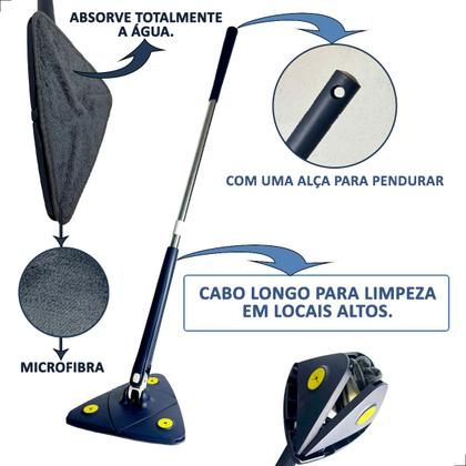 Imagem de Mop de Limpeza Rodo Triangular Esfregão de Chão Mágico Giratório 360 Graus Esfreguette INMA Cabo Inox Ajustável 2 Refis Microfibra