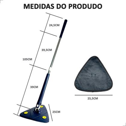 Imagem de Mop de Limpeza Rodo Triangular Esfregão de Chão Mágico Giratório 360 Graus Esfreguette INMA Cabo Inox Ajustável 2 Refis Microfibra