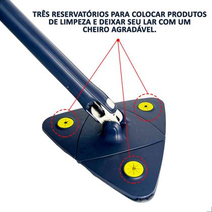 Imagem de Mop de Limpeza Rodo Triangular Esfregão de Chão Mágico Giratório 360 Graus Esfreguette INMA Cabo Inox Ajustável 2 Refis Microfibra