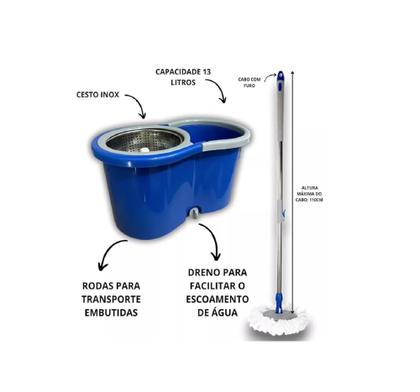 Imagem de Mop  Esfregão Giratório 360 Cesto Inox Clean Tech 13L