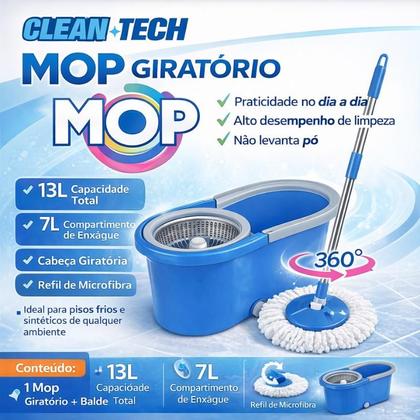 Imagem de Mop Giratório 360 com Balde 13L e Esfregão de Microfibra