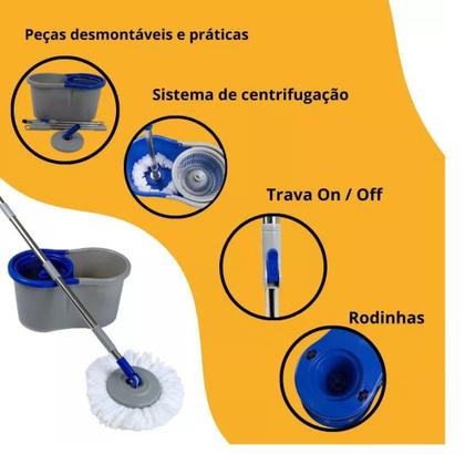 Imagem de Mop Giratório 360 Esfregão Mágico Cabo Aço Inox Retrátil Balde Spin Centrifuga 12 Litros - RelobraZ