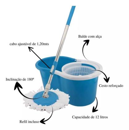 Imagem de Mop Giratório 360 Esfregão Mágico Cabo Aço Inox Retrátil Balde Spin Centrifuga 12 Litros - RelobraZ