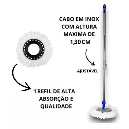 Imagem de Mop Giratório Balde Inox Esfregão Limpeza Pesada Cabo Extensível Microfibra 360 Original Dreno Rodo Mágico Profissional Casa Chão Tira Pó